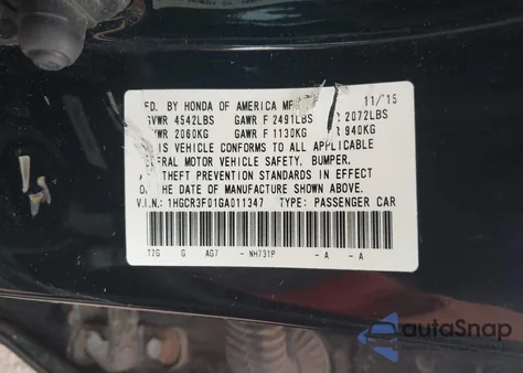 2016 Honda Accord Ex-L V-6 z USA, uszkodzony, nr VIN 1HGCR3F01GA011347